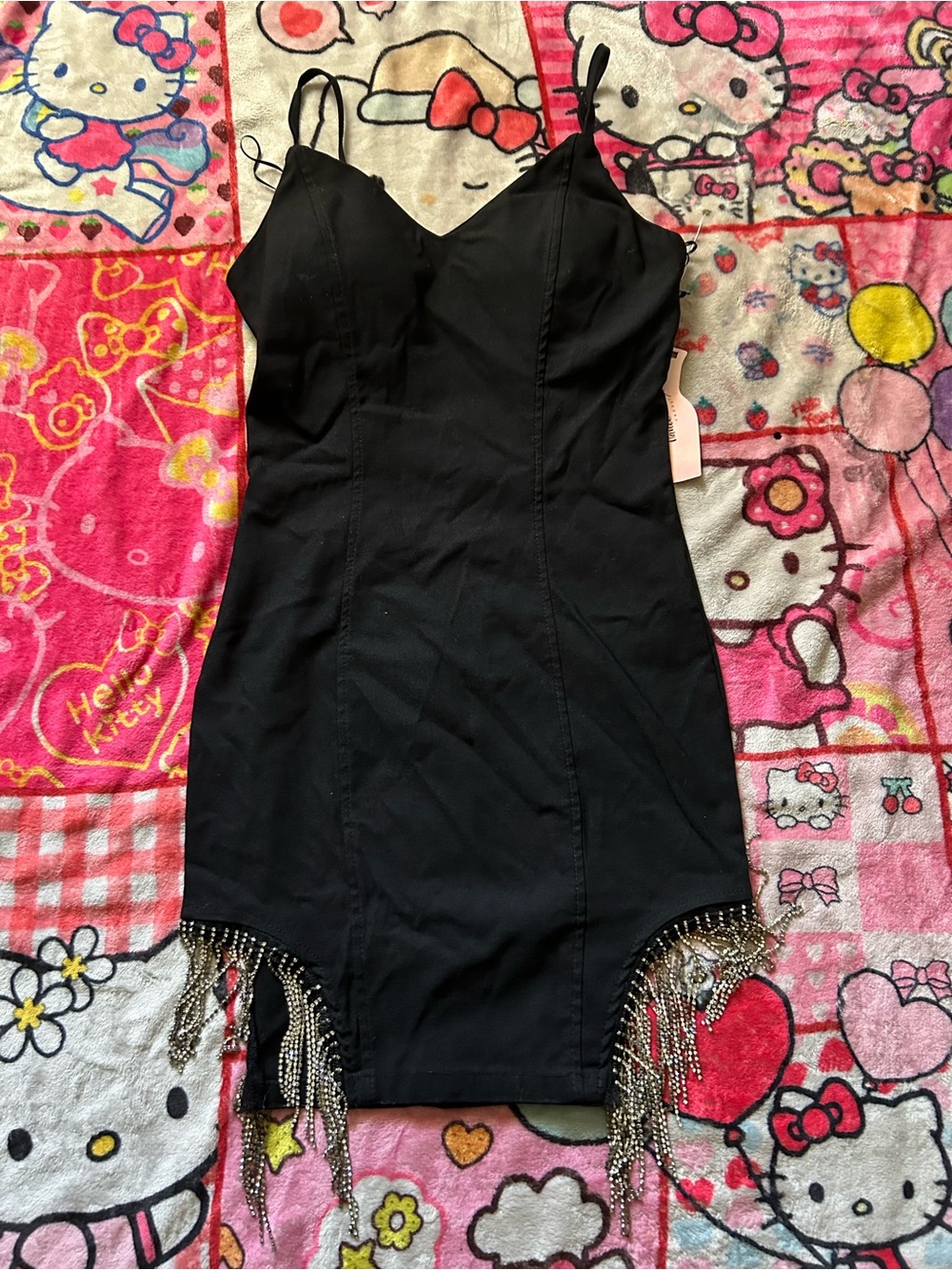 Black Fringe-Hem Mini Dress with Spaghetti Straps
